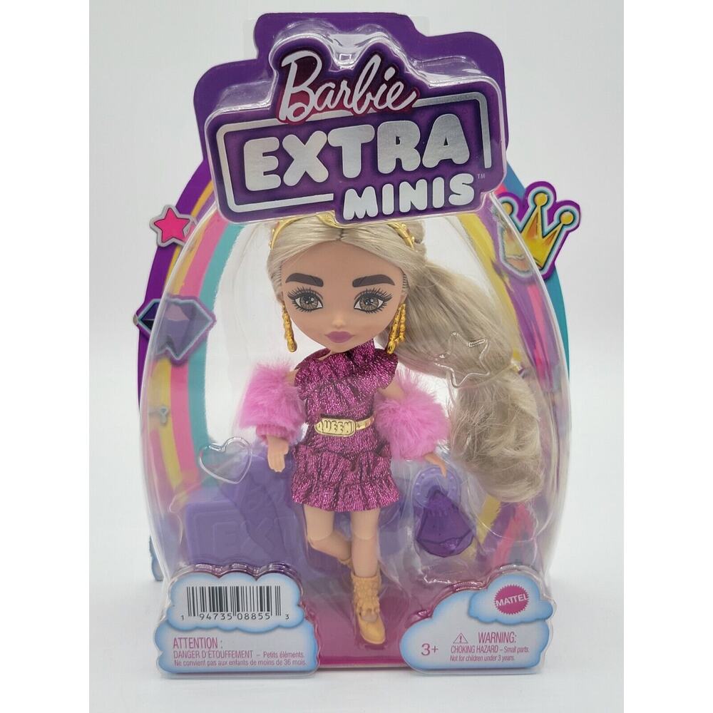 Barbie Extra Minis Doll 5.5 in Gold Crown Doll Stand Included New